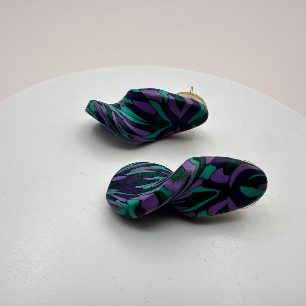 90s Vintage Purple Teal Polymer Clay Abstract Swirl Stud Earrings